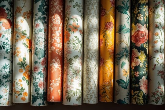 Fototapeta Rolls of vintage floral wallpaper in various colors and patterns illuminated by sunlight.