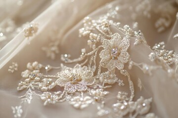 Fototapeta premium Close-up of delicate beige fabric adorned with embroidered floral lace and sparkling embellishments.