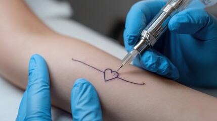 Tattoo artistry: heart design on arm with needle in professional studio setting