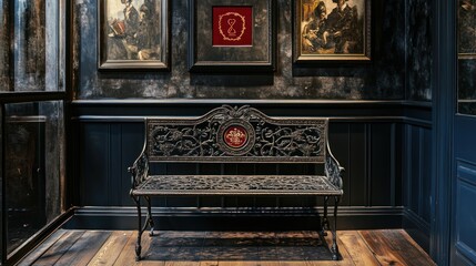 Fototapeta premium Ornate bench in dark interior, art gallery background, waiting area