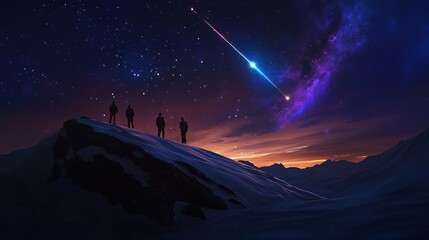 Fototapeta premium meteor streaks over quiet snowy mountain ridge with group of stargazers