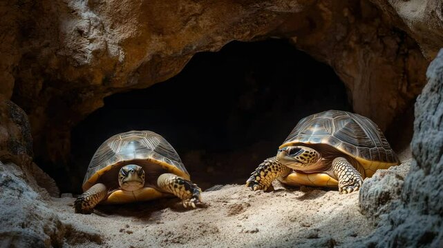 of a desert turtle with its head out, resting on ground. s the animal's shell pattern and habitat.