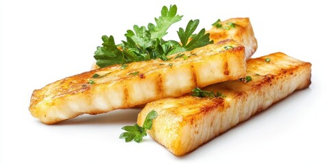 Delicious grilled halloumi cheese golden brown and savory garnished with fresh parsley a culinary delight captured in crisp detail
