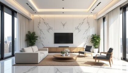 Fototapeta premium Modern Living Room with Marble Accent Wall and City View