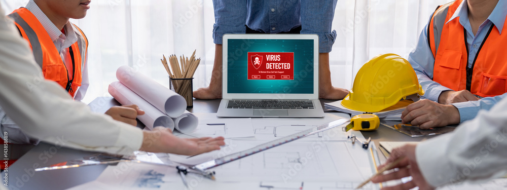 Poster virus warning alert on computer screen detected brisk cyber threat , hacker, computer virus and malw