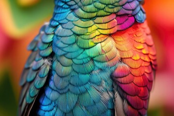 Obraz premium Vibrant iridescent bird feathers showcase a spectrum of colors, a breathtaking display of natural beauty.