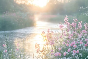Serene sunset scene with pink flowers blooming along a tranquil river.
