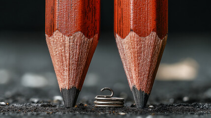 Close-up of two sharpened pencils, dark graphite tips, reddish-brown wood, flanking a tiny metal object, creating a macro perspective showcasing scale and detail