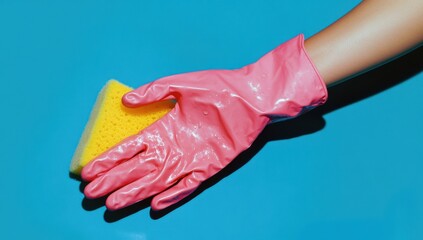 Hand in pink glove holding yellow sponge