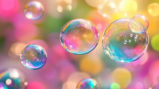 A floating bubbles background with soap film reflections and soft pastels