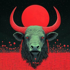 Neon Taurus with Red Tentacles on Black Background