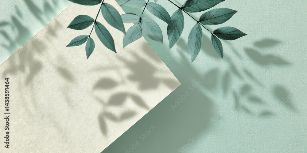 Aufkleber green leaves cast shadows on beige and green textured backgrounds creating a serene, minimalist scen