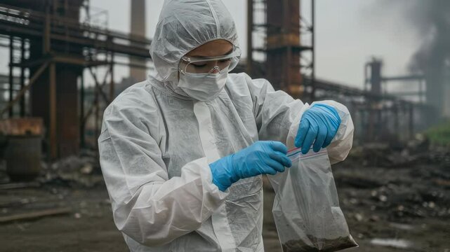 Woman scientist in hazmat suit examines soil sample collected near industrial site. Environmental pollution analysis for ecological control and climate change awareness.