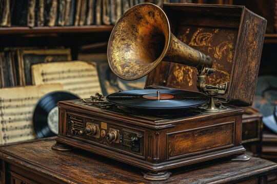 Antique gramophone playing vinyl record, surrounded by vintage sheet music and books.