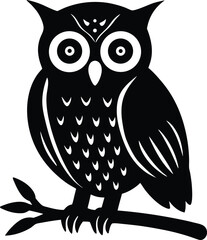 hand drawn owl sitting on branch on white