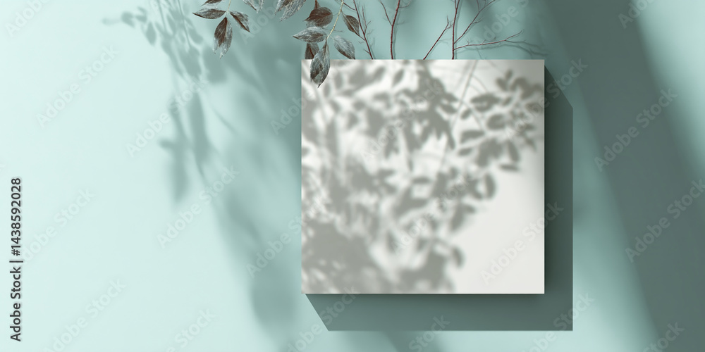 Poster white square mockup on teal background, overlaid with leaf shadows, creating a serene, minimalist ae