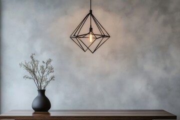 Minimalist interior design with geometric pendant lamp, dried flowers in vase, and wooden table against a textured wall.