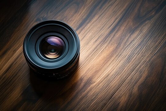 A high-quality camera lens rests on a dark wooden surface.