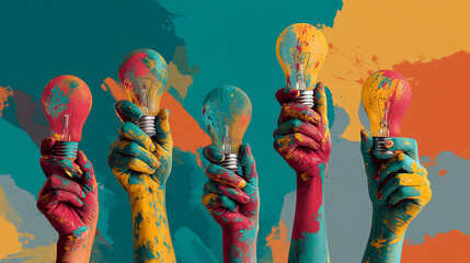 Paint-splattered hands hold colorful lightbulbs against a vibrant background, symbolizing creativity, innovation, and new ideas