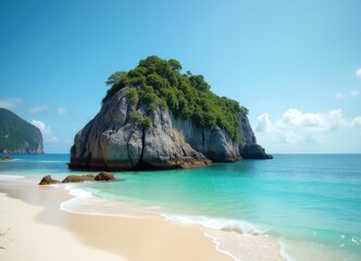 Fototapeta premium Serene Tropical Island Cove: Turquoise Waters and Lush Greenery