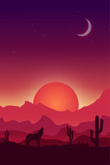 Naklejka premium Coyote wolf howls at the moon. Colorful landscape vector illustration of wild west desert with cactuses, mountains and the fiery sun. 