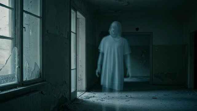 Woman ghost in abandoned building. Spirit of deceased in ruined room yelling. Paranormal activity in old house, ghost apparition haunting interior for horror film.