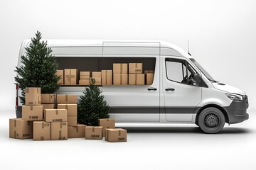 White van packed with Christmas trees and gifts