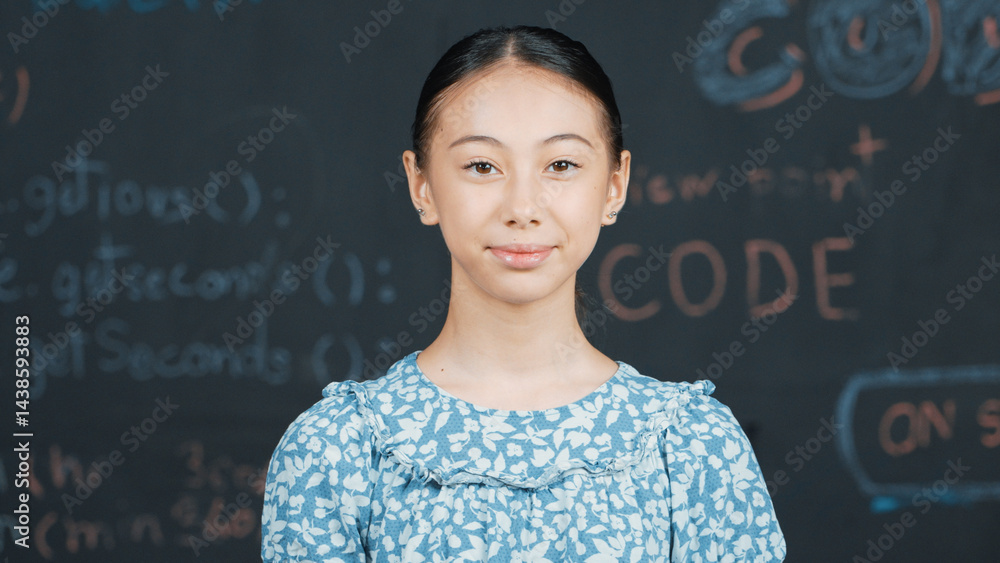 Poster cute caucasian girl looking at camera while standing at blackboard with engineering prompt. skilled 