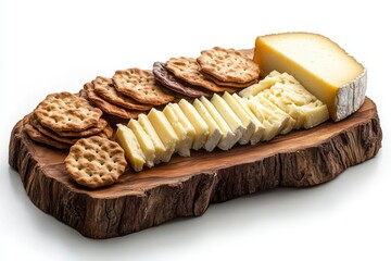 A rustic wooden board displays an assortment of cheeses and crackers, perfect for a cheese platter.