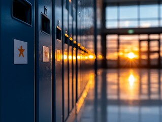 Rows of dark blue lockers in a hallway, sunset through large windows
