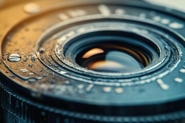 Close-up of a vintage camera lens, showing dust and wear, hinting at nostalgic memories.