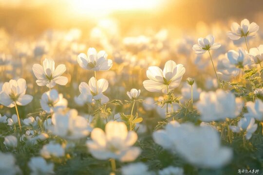 Spring meadow with white flowers blooming under morning sunlight