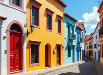 Fototapeta premium Vibrant Street in Colonial City: Colorful Houses and Cobblestone Street