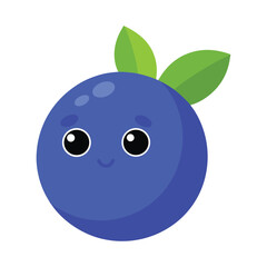 Cute cartoon blueberry character isolated on white background with green leaves