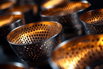 Artistic golden metallic bowls with intricate patterns illuminated by soft light