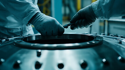 Scientists in protective gear working on a large metallic component