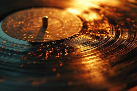 Close-up of a vintage vinyl record with musical notes etched onto its surface, bathed in warm, golden light.