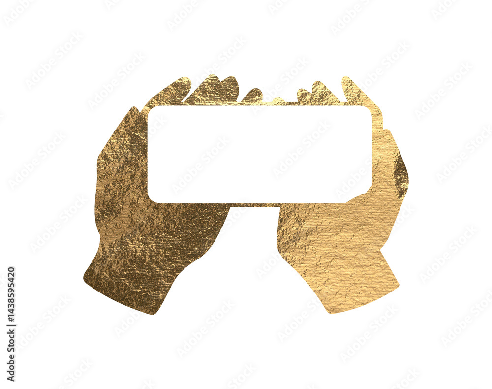 Aufkleber phone in hand with gold foil texture, isolated on a clean, blank background, holding a mobile device