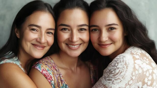 Three women close together, smiling brightly; two of them are embracing one another as the third stands in front with arms around both.