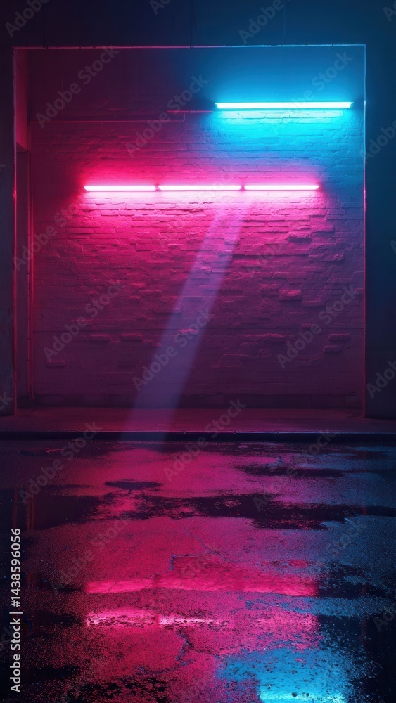 Poster rays neon light on neon brick wall. empty scene. neon reflections on wet asphalt. cyberpunk backgrou