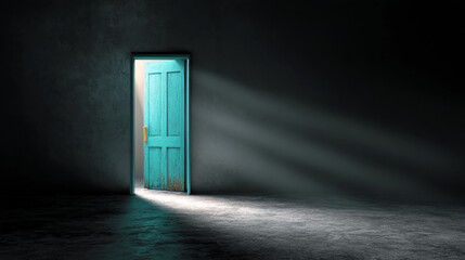 A teal door ajar in a dark room, light beams streaming through, suggesting new beginnings, opportunity, or hope.  Free space for text or mockup