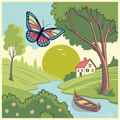 Peaceful Countryside Landscape with River, Boat, Trees, and Cozy Cottage under Sunny Sky &ndash; Vintage Cartoon Style Illustration.