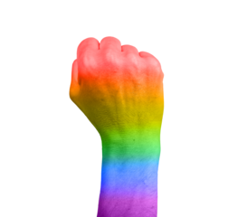 Raised fist symbolizing LGBT pride and solidarity. A powerful gesture in the fight for equality and freedom, representing unity and strength. Colorful rainbow flag background, advocating against.