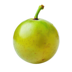 Fresh, whole green fruit resting on a clean surface with a stem, showcasing its smooth texture and vibrant color