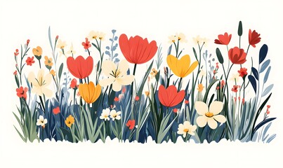 Bright and cheerful vector illustration of various colorful spring flowers in bloom. Perfect for adding a touch of nature and joy to any project.