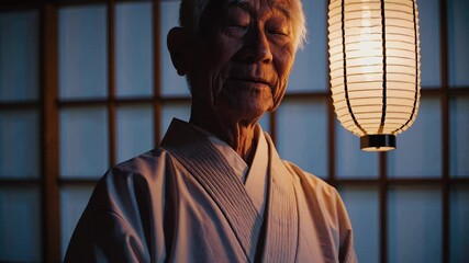 Elderly Japanese man in traditional attire beside glowing lantern, serene atmosphere indoors - Powered by Adobe