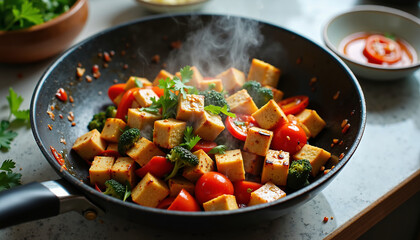 Delicious vegetable stir-fry with tofu and fresh ingredients in a vibrant kitchen setting