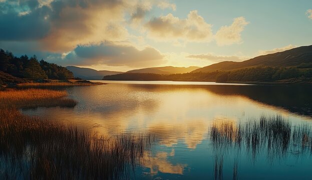 Serene lake at sunset - Powered by Adobe