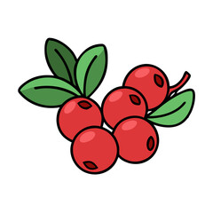 Obraz premium Illustration of lingonberry berries with green leaves, red lingonberry fruit, lingonberry plant illustration