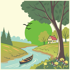 Peaceful Countryside Landscape with River, Boat, Trees, and Cozy Cottage under Sunny Sky &ndash; Vintage Cartoon Style Illustration.
